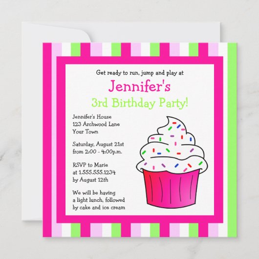 Cute Pink Sprinkle Cupcake Birthday Party Invite Kaart (Voorkant)