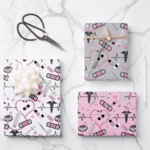 Cute Pink Stethoscope Nurse   Doctor EKG Pattern Inpakpapier Vel