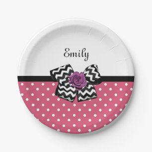 Cute Pink Stippen Paars Roos Chevron Bow en naam Papieren Bordje