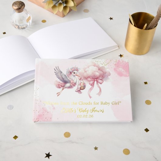 Cute Pink Stork with cloud Baby Girl Shower 