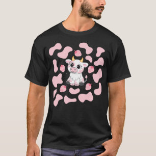 Cute Pink Strawberry Koe Print Aesthetisch Patroon T-shirt