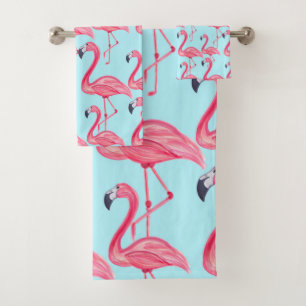 Cute Pink Summer Painted Flamingo patroon Blue Bad Handdoek