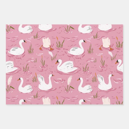 Cute Pink Swan Seamless Pattern Inpakpapier Vel (Voorkant)