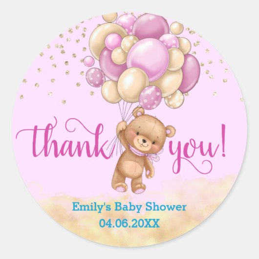 Cute Pink Teddy Bear Balloon Dank je Baby shower Ronde Sticker (Voorkant)