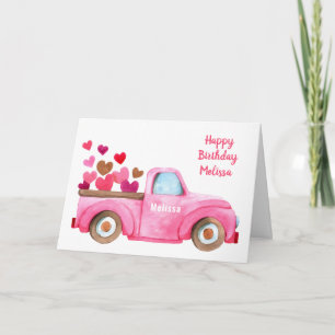 Cute Pink Truck Pink Happy Birthday Kaart