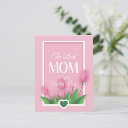 Cute Pink Tulip en White Hearts Moederdag Feestdagenkaart (Staand voorkant)