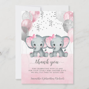 Cute Pink Twin Girl Elephant Balloons Baby shower Bedankkaart