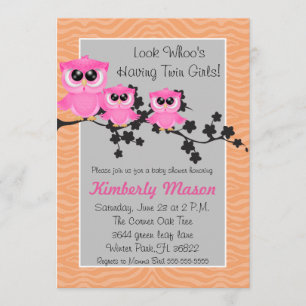 Cute Pink Twin Girl Owl Baby shower Invitation Kaart