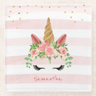 Cute Pink Unicorn Face met Flowers Glazen Onderzetter