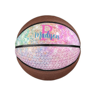 Cute Pink unicorn faux glitter monogram Basketbal