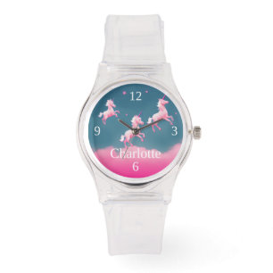 Cute Pink Unicorn Flying Personalised Silicone Horloge
