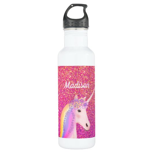 Cute Pink Unicorn Glitter Personalized Kinderen Waterfles (Voorkant)