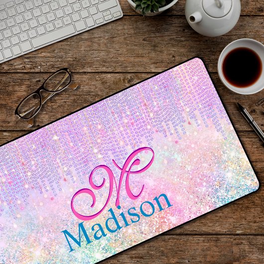 Cute Pink Unicorn Glitter rhinestone Drip monogram Bureaumat