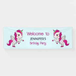 Cute Pink Unicorn met Wings Birthday Spandoek