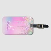 Cute Pink Unicorn Rainbow Glitter Drift monogram Bagagelabel (Voorkant (horizontaal))