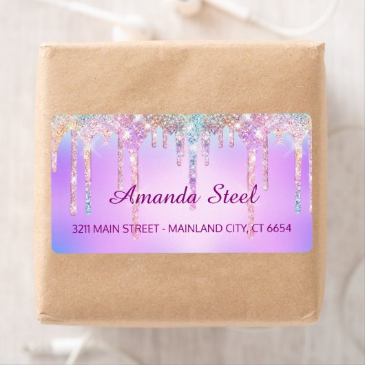 Cute Pink Unicorn Rainbow Glitter Drift monogram Etiket (Insitu)