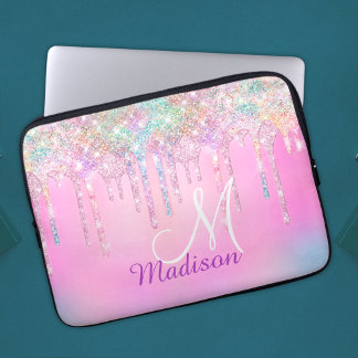 Cute Pink Unicorn Rainbow Glitter Drift monogram Laptop Sleeve