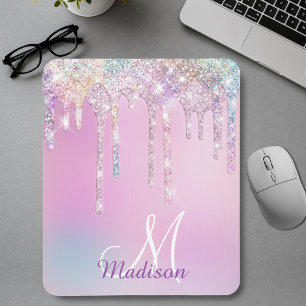 Cute Pink Unicorn Rainbow Glitter Drift monogram Muismat