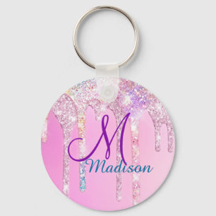 Cute Pink Unicorn Rainbow Glitter Drift monogram Sleutelhanger