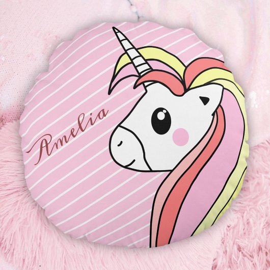 Cute Pink Unicorn Stripe Pattern Girl Name Rond Kussen