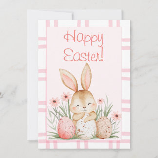 Cute Pink Watercolor Bunny and Easter Eggs Feestdagenkaart