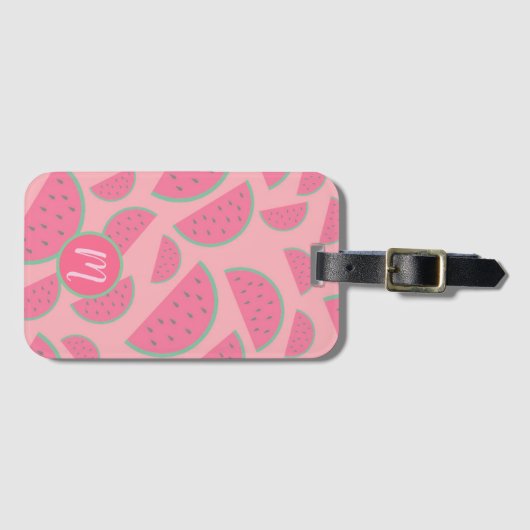 Cute Pink Watermelon Pattern Monogram Bagagelabel (Voorkant (horizontaal))