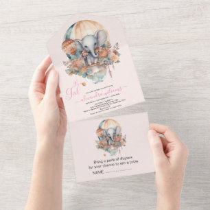 Cute Pink Waterverf Air Ballon Elephant Baby Sho All In One Uitnodiging