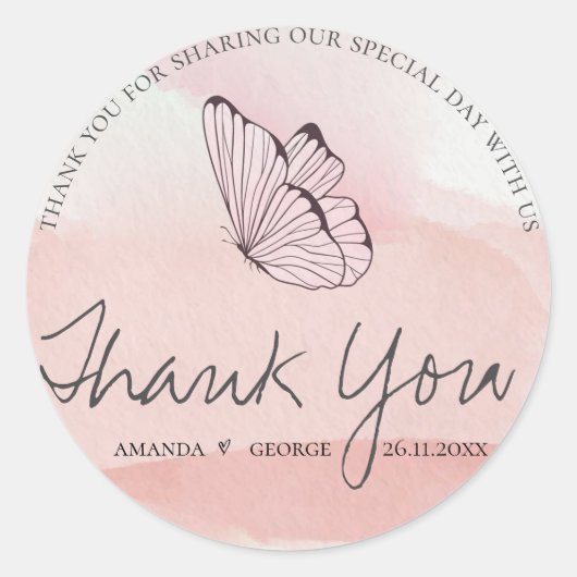 Cute Pink Waterverf Butteryfly Weddenschap Harteli Ronde Sticker (Voorkant)