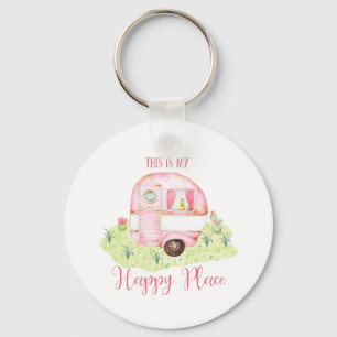 Cute Pink Waterverf Camper Caravan Scene Sleutelhanger