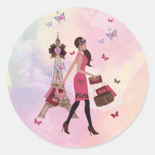 Cute Pink Waterverf Girl Paris Eiffel Tower Ronde Sticker