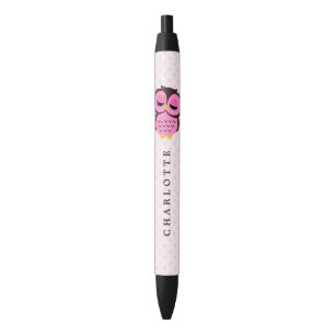Cute Pink Whimsical Owl Zwarte Inkt Pen