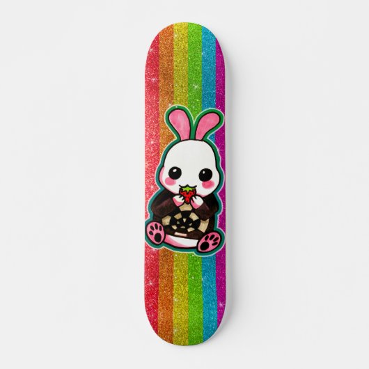 Cute Pink & White Bunny Rabbit Rainbow Glitter Skateboard (Voorkant)
