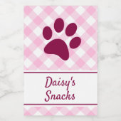 Cute Pink White Gingham Checkered Pattern Paw Name Voedselcontainer Etiket (Enkel label)