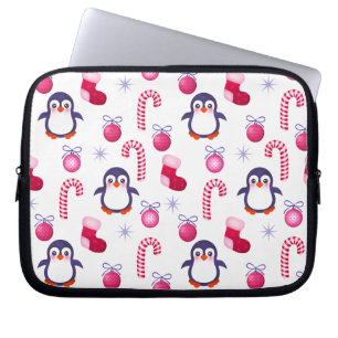 Cute Pink & White Kerstpatroon met pinguïns Laptop Sleeve