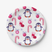 Cute Pink & White Kerstpatroon met pinguïns Papieren Bordje (Voorkant)