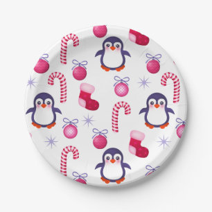 Cute Pink & White Kerstpatroon met pinguïns Papieren Bordje
