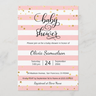 Cute Pink White Stripes Black Gold Baby shower Kaart
