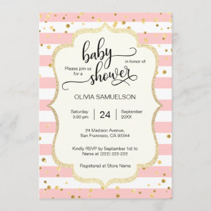Cute Pink White Stripes Gold Black Baby shower Kaart