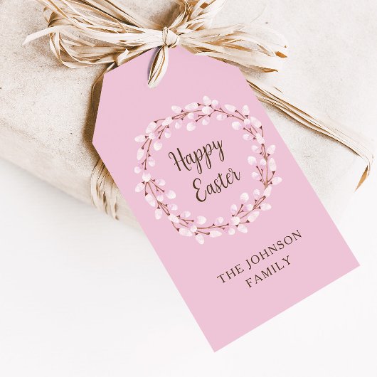 Cute Pink Willow Happy Pasen Cadeaulabel