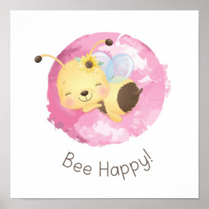 Cute Pink/Yellow bee Happy Girls Nursery Wall Art Poster
