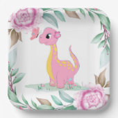 Cute Pink Yellow Dinosaur Butterfly Baby shower Papieren Bordje (Voorkant)