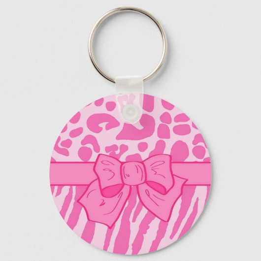 Cute Pink Zebra Leopard Animal Print and Girly Bow Sleutelhanger (Voorkant)