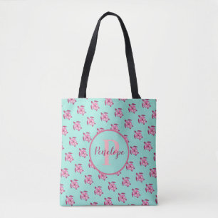 Cute Pink Zee Turtle Pattern met Name Monogram Draagtas