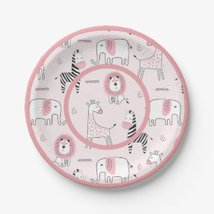 Cute Pink Zoo Animals Zebra Baby shower Papieren Bordje