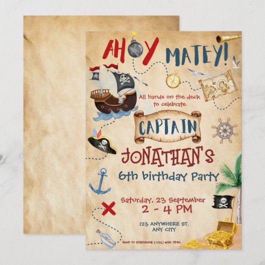 Cute Pirate Birthday Parchment waterverf Kaart (Voorkant / Achterkant)