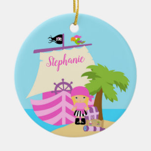 Cute Pirate Blonde Girl & Big Ship Custom Name Keramisch Ornament