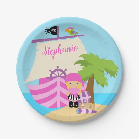 Cute Pirate Blonde Girl & Big Ship Custom Name Papieren Bordje (Voorkant)