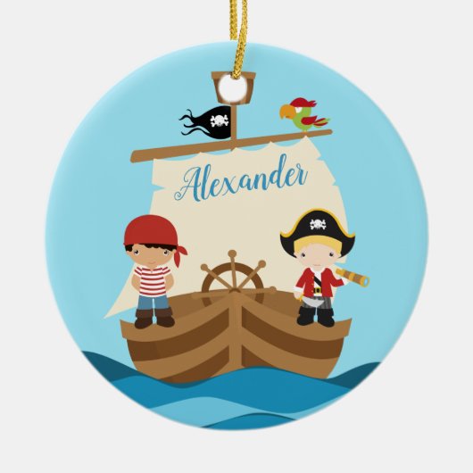 Cute Pirate Boys & Big Ship Custom Name Keramisch Ornament (Voorkant)