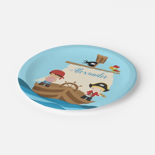 Cute Pirate Boys & Big Ship Custom Name Papieren Bordje (Gekanteld)