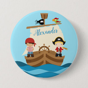 Cute Pirate Boys & Big Ship Custom Name Ronde Button 7,6 Cm